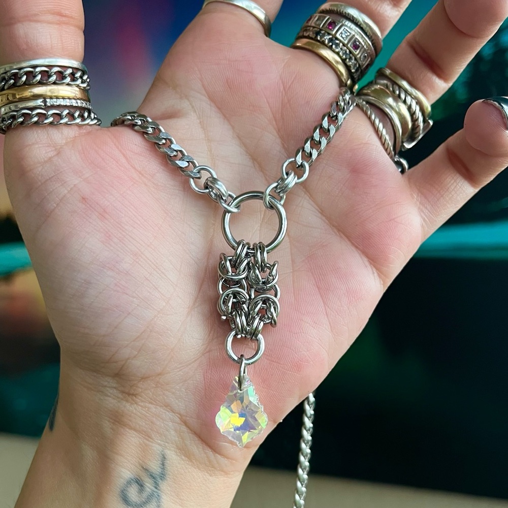 Handmade maille necklace iridescent yellow austrian crystal celtic goth boho - Picture 9 of 13